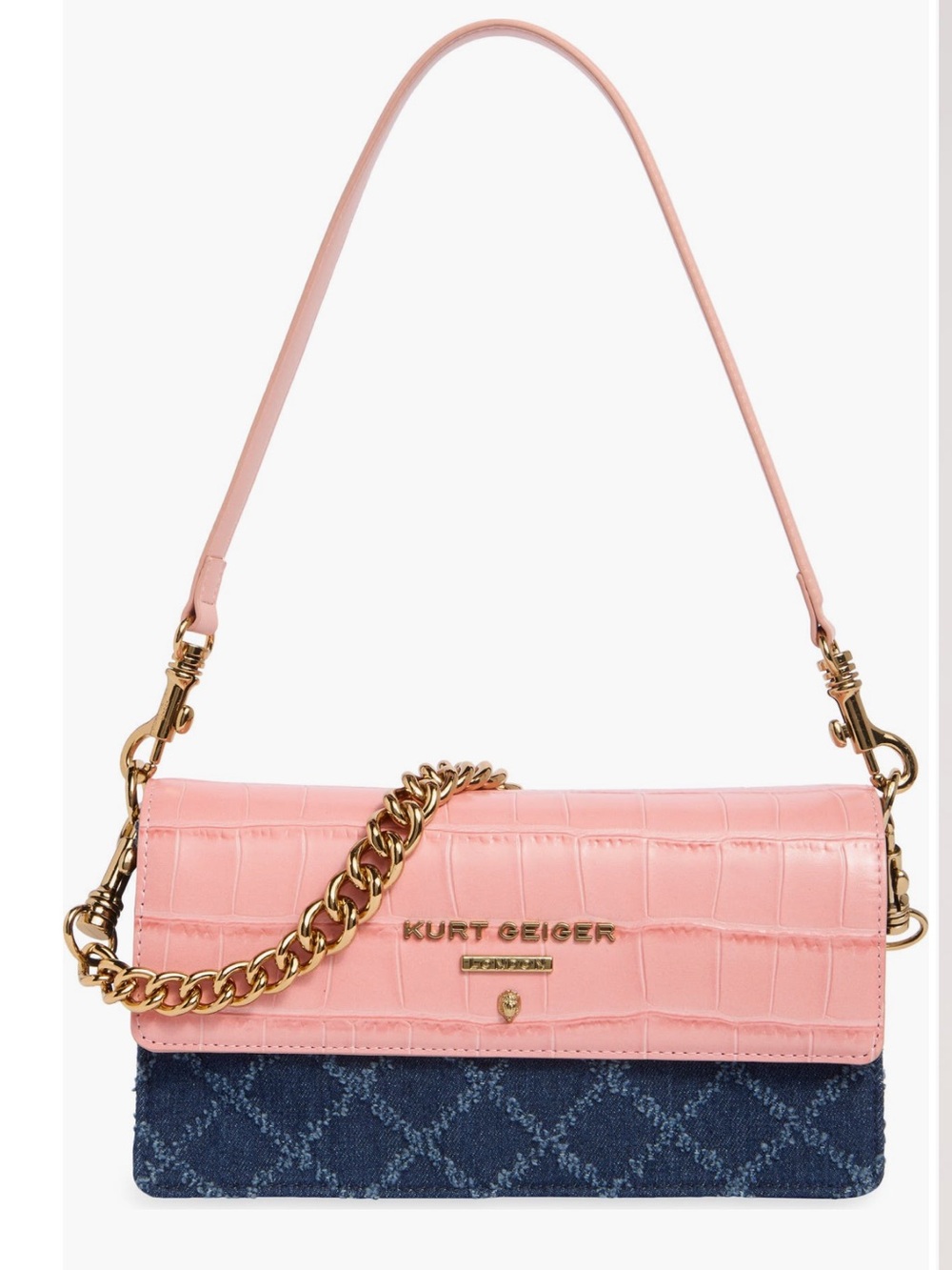Kurt Geiger Pink Croc-Embossed & Denim Shoulder Bag